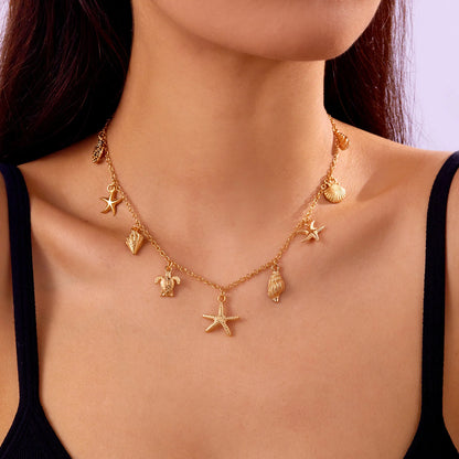 Bohemian Starfish Shell Conch Turtle Pendant Necklace for Women Imitation Pearl Charm Chain Necklace Beach Jewelry Vacation Gift