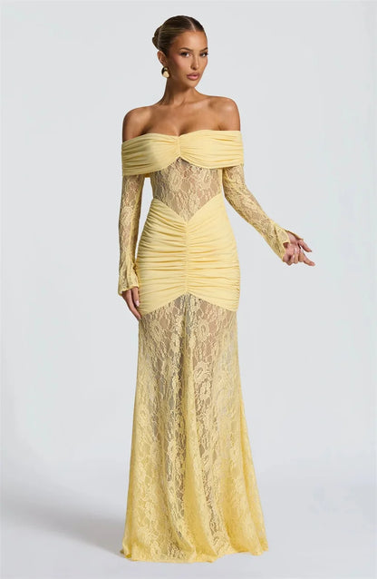 Mozision Off-shoulder Long Sleeve Sexy Maxi Dress Women Fashion Lace See Through Strapless Backless Bodycon Club Party Dresses