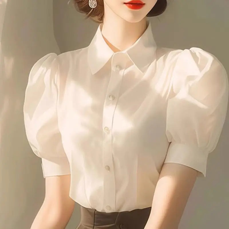 Elegant French Style Intelligent and Absolutely Beautiful White Stand Up Collar Puff Sleeve Blouse for Women's Summer Shirt