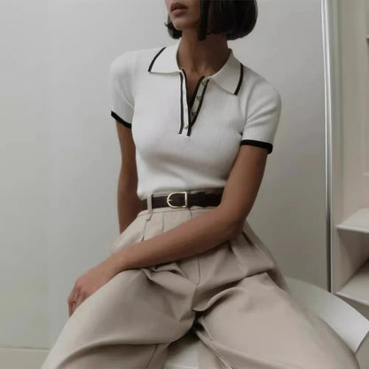 Knit Sweater Pullover Women Short Sleeve Patchwork Slim Lapel Elegant Contrast Knitwear Top Female Skinny Ribbed Pullover