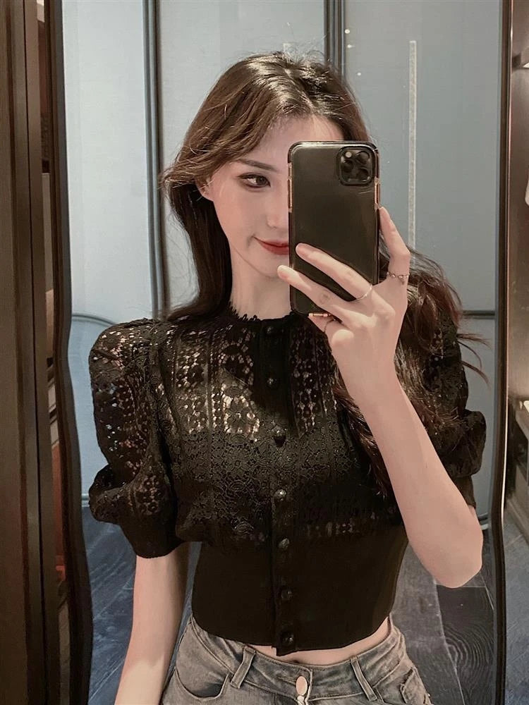 Woherb Sweet Crochet Top Blouse Women Sexy Hollow Out Shirt Vintage Puff Sleeve Korean  Shirts Fashion Chic Tops Blusas