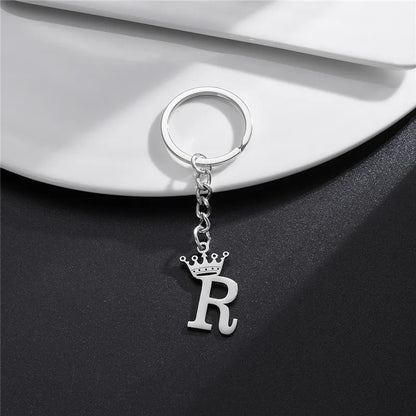 Fashion Crown A-Z Letters Pendant Keychains for Lovers Silver Color 26 Alphabet Keyring Women Car Key Ring Unique Name Jewelry