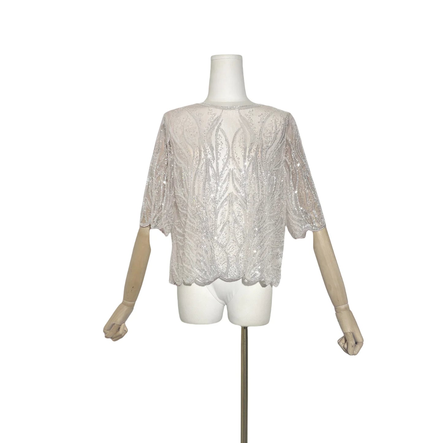 Gorgeous Sequin Beaded Women New Exquisite Sequin Heavry Embroidered Mesh O-Neck Halft Sleeves Blouse Mesh Top Pullover Shirt