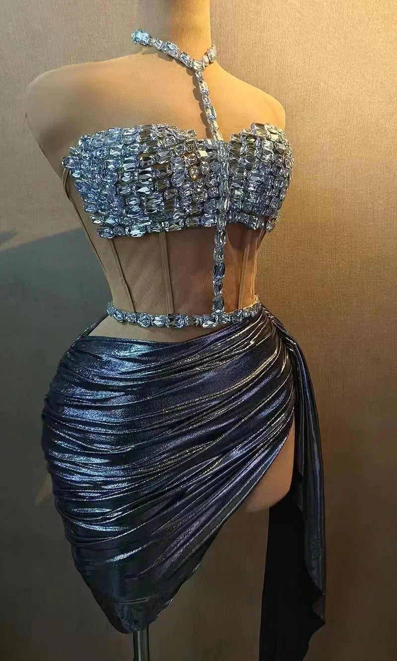 Sparkly Rhinestones Top Skirt Two Pieces Set for Women Sexy Celebrate Evening Prom Birthday Photography Shoot Dress