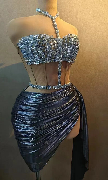 Sparkly Rhinestones Top Skirt Two Pieces Set for Women Sexy Celebrate Evening Prom Birthday Photography Shoot Dress