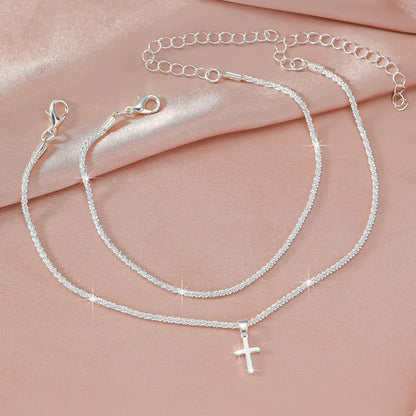 Sparkling Thin Chain Anklet Bracelet for Women Zircon Cross Pendant Bracelet on Leg Foot 2024 Trendy Boho Summer Beach Jewellry