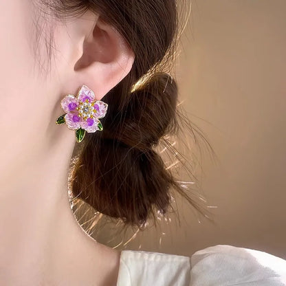 Korean Fashion Pink Blue Crystal Camellia Flower Earrings For Women Elegant Pearl Rhinestone Flowers Stud Earring Casual Jewelry