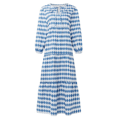Women's Summer Casual Fashion Geometric Print Neckline Lace-up Bubble Middle-sleeves Ruffle Stitching Big Swing Long Losse Dress