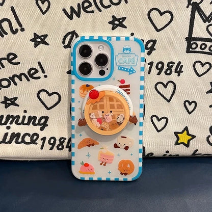 豪華でキュートなワッフルケーキのMagSafeワイヤレス充電ケース、iPhone 13 14 15 16 Pro Max用、面白い漫画ワッフルシェイクマグネットホルダー