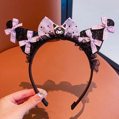 Kawaii Sanrio Kuromi Children Headband Hello Kitty Melody Cinnamoroll Cartoon Bow Shiny Hairband Hair Accessories Christmas Gift