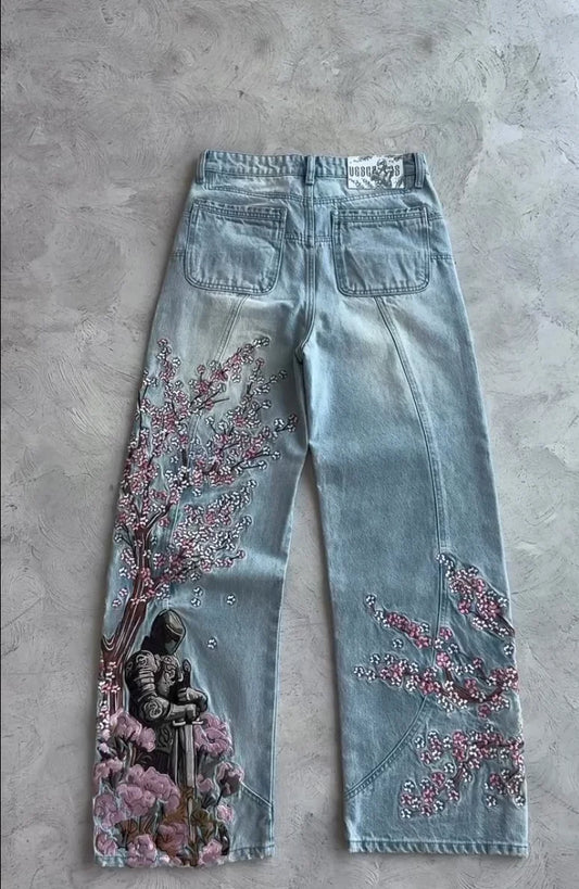 メンズ レディース チェリーブロッサムナイト オール刺繍 デニムパンツ Y2K ヴィンテージ バギー ストリート ストレートジーンズ ハイウエスト ウォッシュ加工 ブルージーンズ