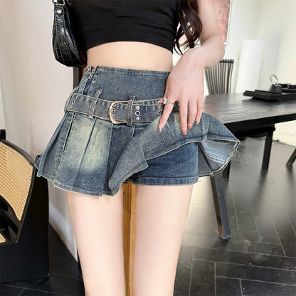 スイートセクシーデニムケーキスカート レディース レトロ ハイウエスト Aライン ミニスカート 女性用 韓国ファッション カジュアル ストリートウェア プリーツスカート Y2K
