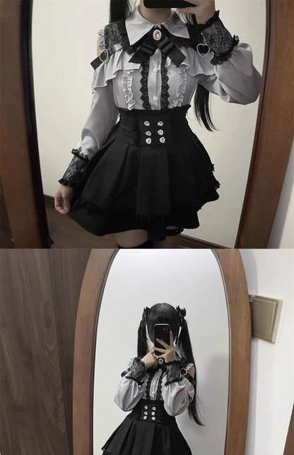 Kawaii Off Shoulder Long Sleeve Shirts Women Black Short Skirt Set Y2K Gothic Ruffle Skirts Lace Lolita Shirt Gown Suit ﻿﻿﻿﻿﻿