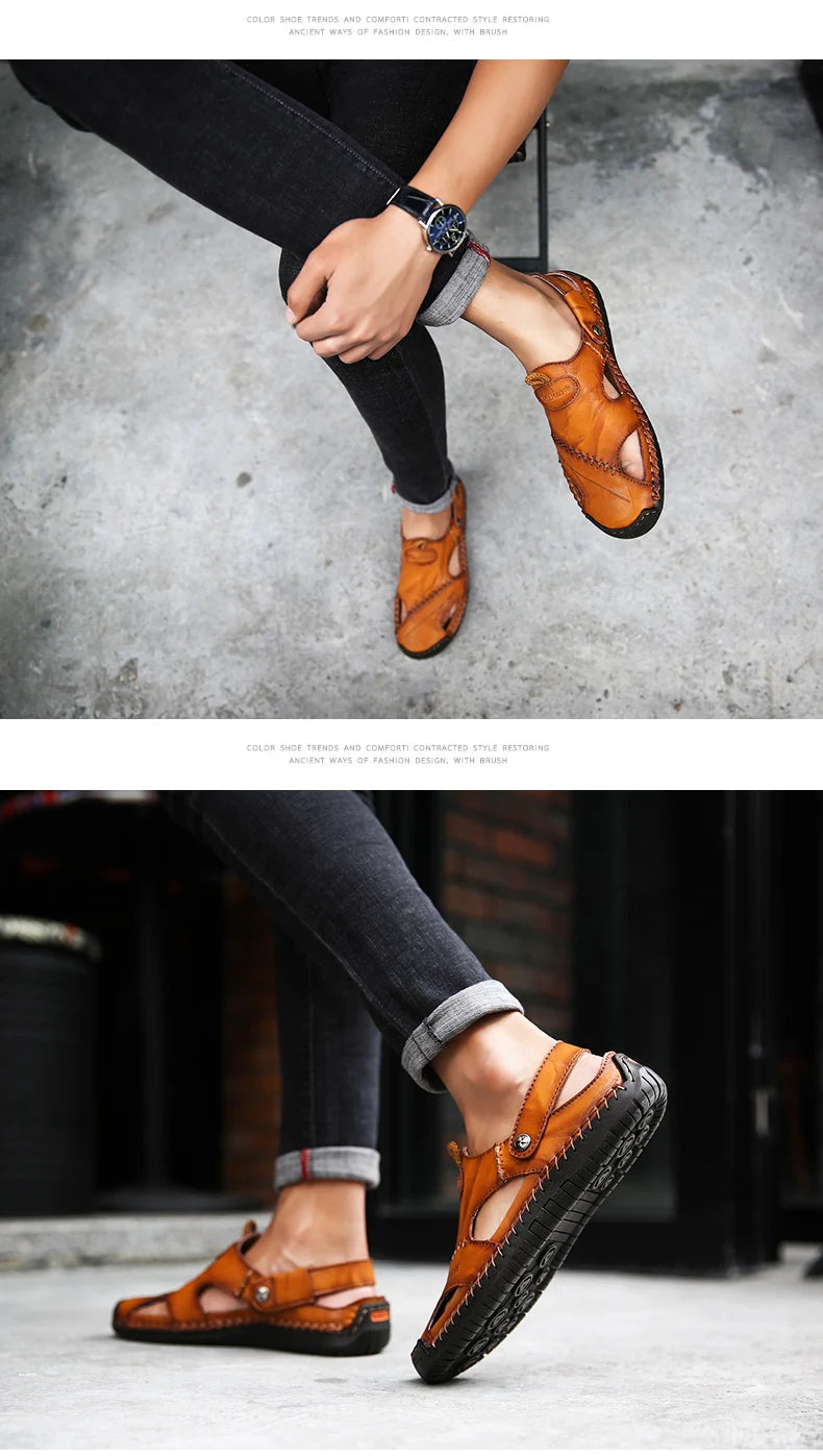 Sandals Man Summer 2023 Leather Slides Breathable Rome Male Outdoor Beach Platform Slippers Soft Hot Sale Men Flat Sandals