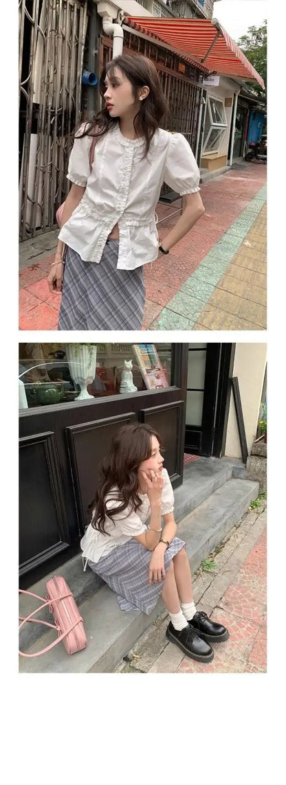 Women French Gentle Style Fungus Edges O-neck Puff Short-sleeved Shirts Summer Lace-up Bow Waist Slimming Single Breasted Blouse