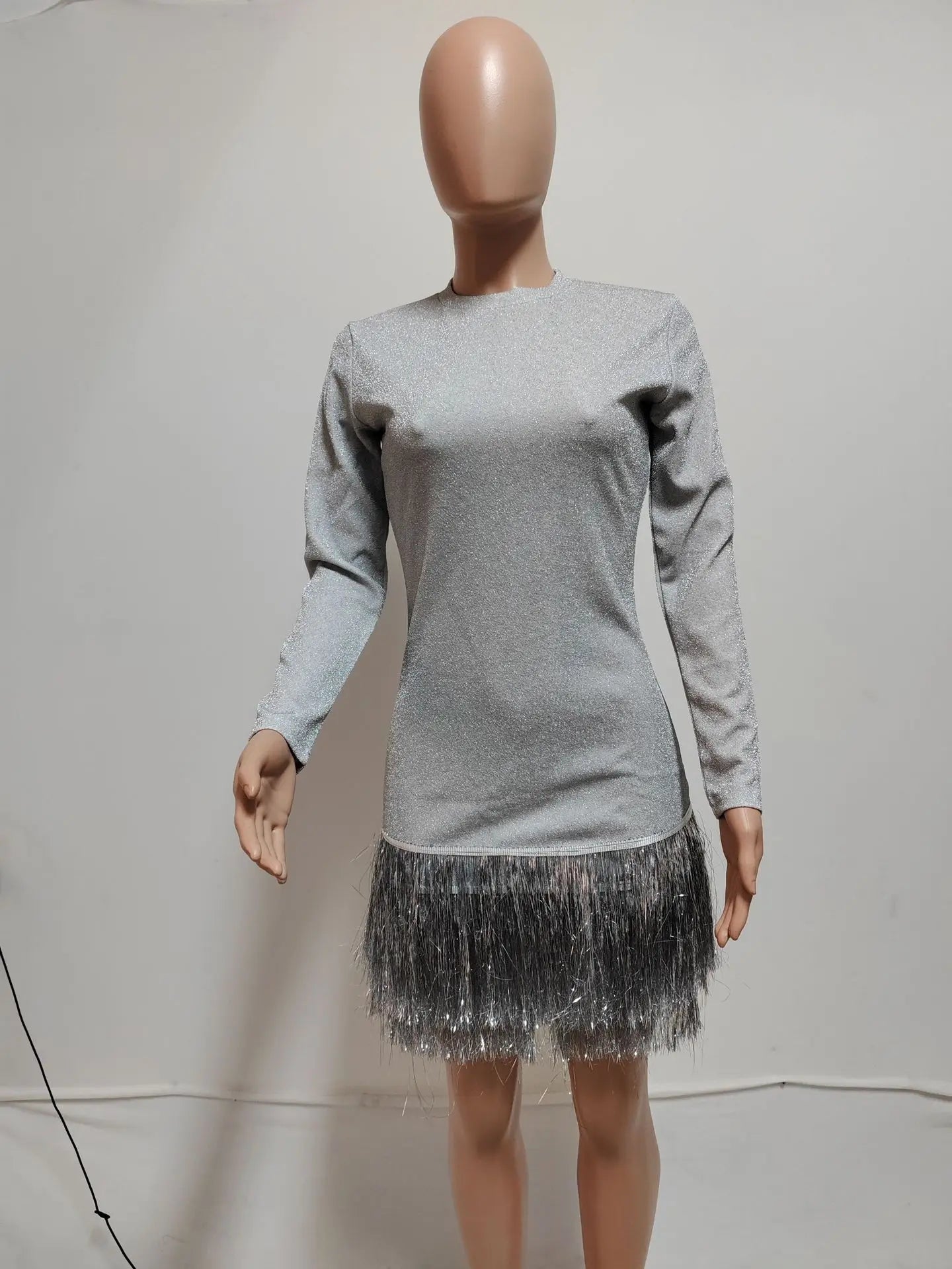 CM.YAYA ファッション レディース シルバー タッセル ボディコン ミニ ミディ ドレス 2024年 秋冬 長袖 パーティー クラブ イブニングドレス ベスティドス