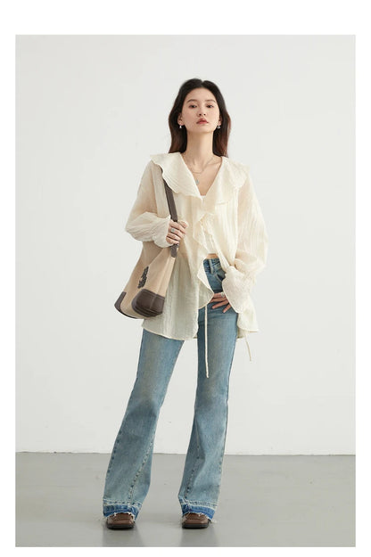 CHIC VEN Women Shirt Loose Casual Ruffled Edges Female Blouses V Neck Lace Up Mid Length Woman Shirts Spring Summer 2024