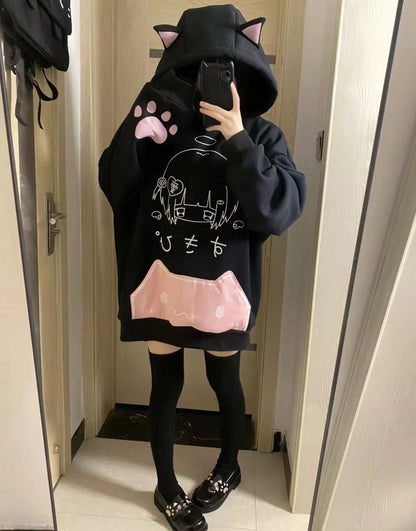 日本の漫画プリントフリースパーカー レディース 原宿ゴシック 猫耳 フード付き ヴィンテージ パーカー ストリートウェア Y2K 美的 スウェットシャツ