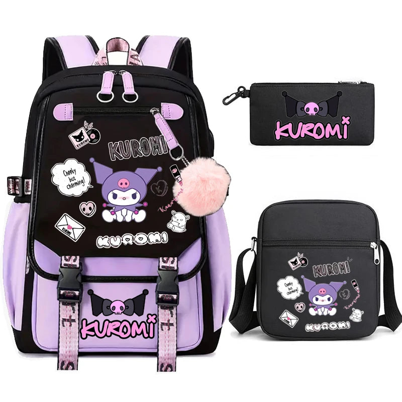 Kuromi Student Backpack 3pcs Cartoon Rucksack Girls School Bag High Capacity Women Backpack Female Cute Leisure Travel Mochilas