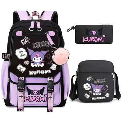 Kuromi Student Backpack 3pcs Cartoon Rucksack Girls School Bag High Capacity Women Backpack Female Cute Leisure Travel Mochilas