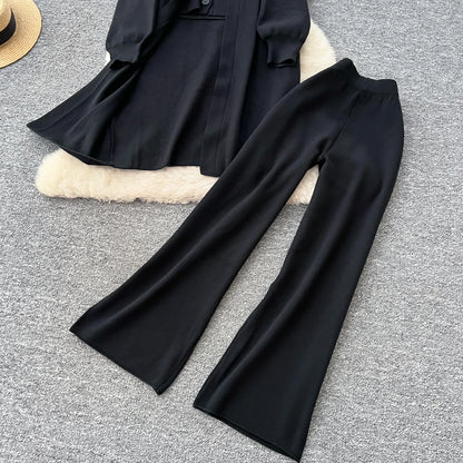 SINGREINY Autumn Knitted Warm Suits V Neck Buttons Vest+Full Sleeve Long Cardigans+Wide Legs Pants Women Solid Three Pieces Sets