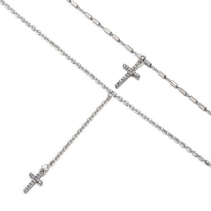 Fashion Gold-plate Crystal Cross Necklaces Pendants Boho Double Layered Necklace Catholic Religious Christian Statement Jewelry