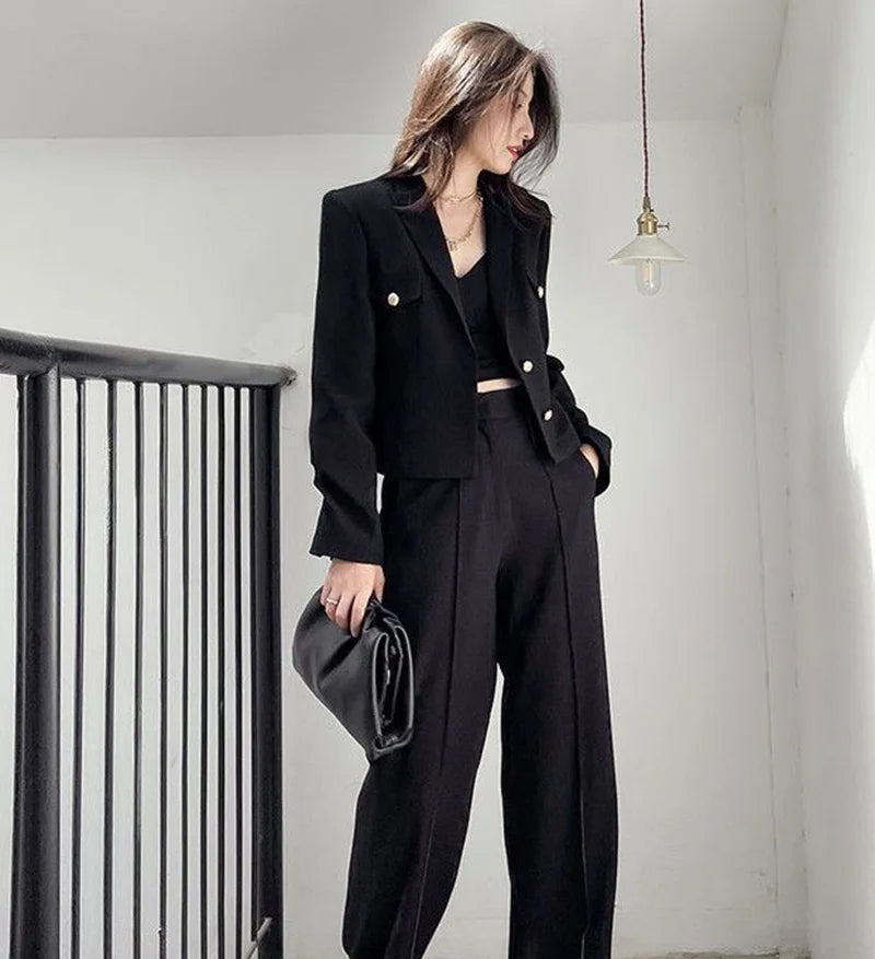 Zoki Casual Black Blazer Coats Women Fashion Slim Long Sleeve Elegant Short Jackets Fall Korean Double Buttons Office Lady Tops
