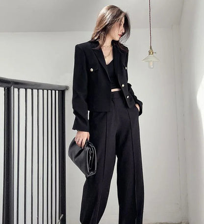 Zoki Casual Black Blazer Coats Women Fashion Slim Long Sleeve Elegant Short Jackets Fall Korean Double Buttons Office Lady Tops