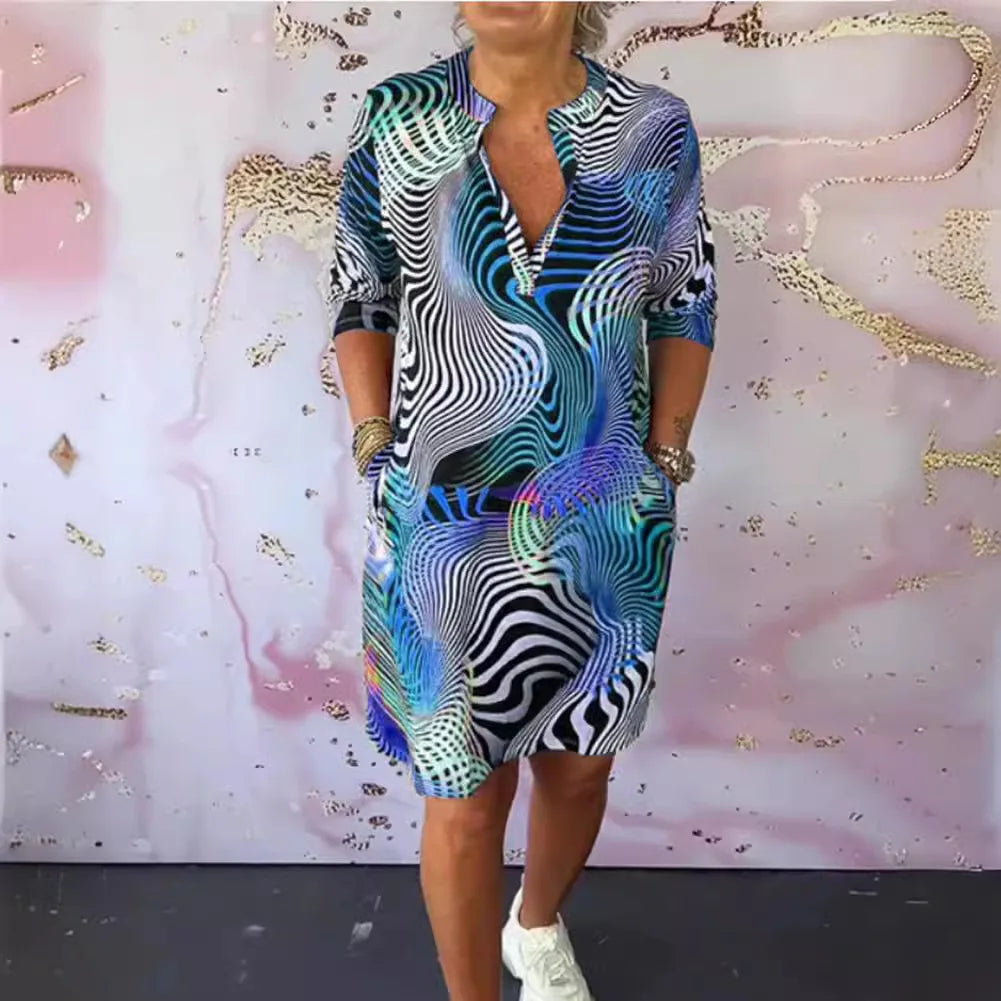 Elegant Printed V-neck Mid-sleeve Dress For Women New Summer Fahsion Casual Loose Office Holiday Party Dresses Women Clothe