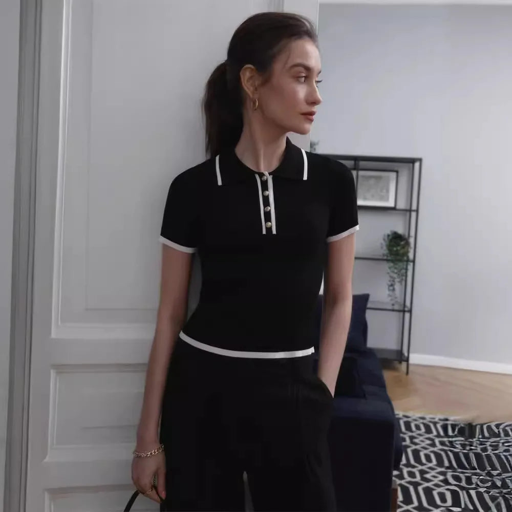 Knit Sweater Pullover Women Short Sleeve Patchwork Slim Lapel Elegant Contrast Knitwear Top Female Skinny Ribbed Pullover