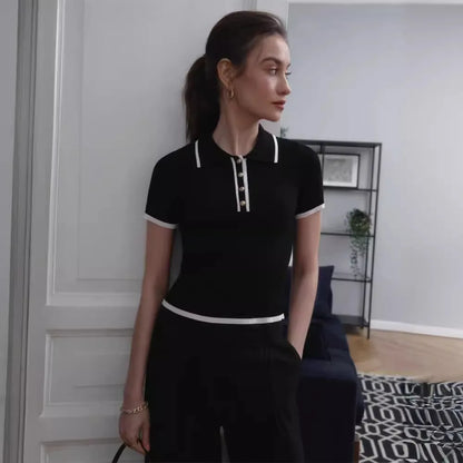 Knit Sweater Pullover Women Short Sleeve Patchwork Slim Lapel Elegant Contrast Knitwear Top Female Skinny Ribbed Pullover