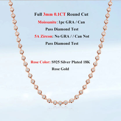 EWYA Round Bubble Full 3mm 0.1CT D Color Moissanite Tennis Chain for Women 925 Silver GRA Certified 16 18 20 inch Bezel Necklace