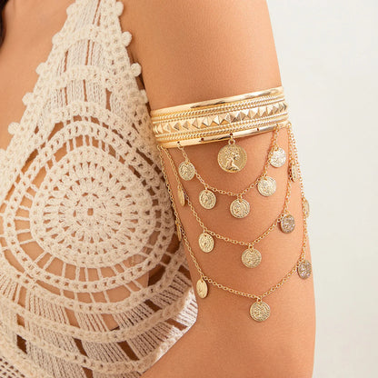 New Trendy Golden Metal Coin Leaf Chain Tassel Upper Arm Bangles Cuff Bracelet Armlet Armband Men Women Jewelry Accessories