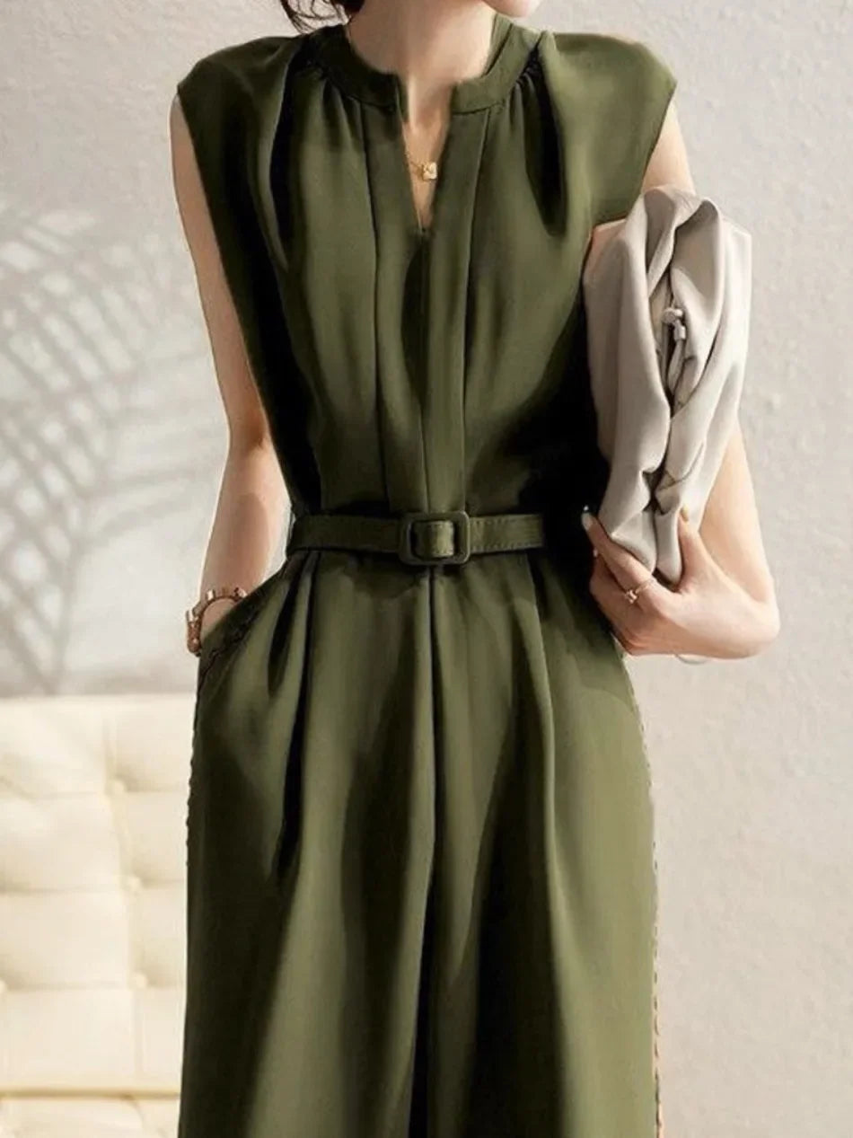 Fashion Casual Wide Leg Pants Rompers Women Bodysuit Sashes Slim Waist V-neck Jump Suit Korean Vintage Suit Summer Jumpsuit