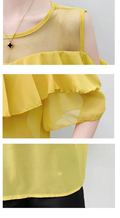 Off Shoulder Sexy Chiffon Blouses Women 2025 Summer Korean Fashion Clothes Ruffles Slim Sweet Ladies Casual Lace Tops Shirts Y2k
