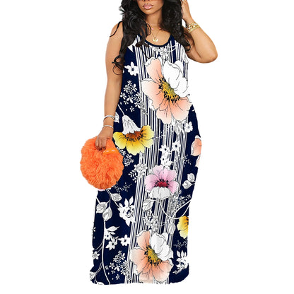 Nupusa Floral & Stripe Print Dress for Women Summer Casual Sleeveless Maxi Dress