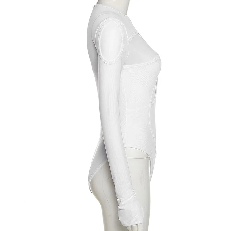 Summer Solid Color Bodysuit See-Through Sexy Hollow Design Women Top Jumpsuits Slim Fit For High Street Clubwear Female