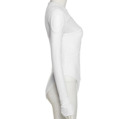 Summer Solid Color Bodysuit See-Through Sexy Hollow Design Women Top Jumpsuits Slim Fit For High Street Clubwear Female