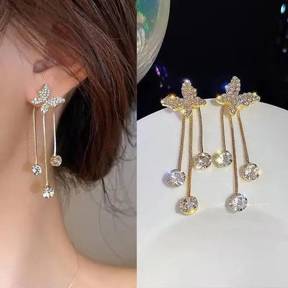 925 Silver Needle Blue Purple Butterfly Long Tassel Earrings For Women Jewelry 2025 Trending New Korean Crystal Drop Earrings