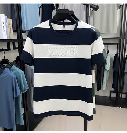 Top Grade Yarn Dyed Striped New Summer Tops Designer Round Neck Tshirt Men 2025 Brand Short Sleeve Casual Fashion Men Clothing