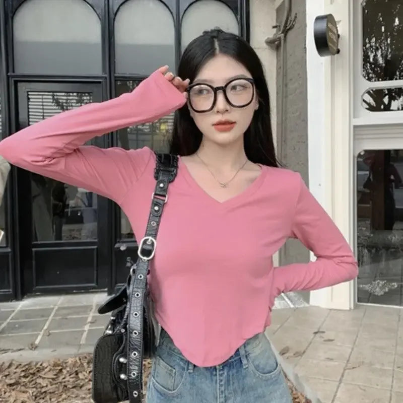 Black Clothing 2024 Top for Women Brown Woman T-shirt Sexy V Neck Tshirt Goth Old Aesthetic Causal 2000s Korea Stylish Kpop Tee