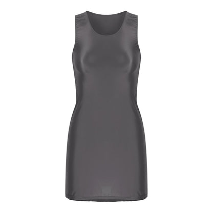Women's Oil Glossy Stretch Tank Mini Dress Solid Color Sleeveless Tights Bodycon Short Dress Stretch U Neck Party Sundress