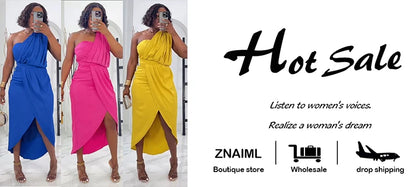 Znaiml Elegant Yellow Wedding Party Dresses Women One Shoulder Sleeveless Ruched Split Bodycon Evening Prom Birthday Gown Robe