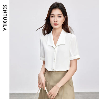 SENTUBILA Turn Down Collar Shirt Women Summer 2025 Twill Texture Chic Button Short Sleeve Elegant Solid Woman Blouse 152C87931