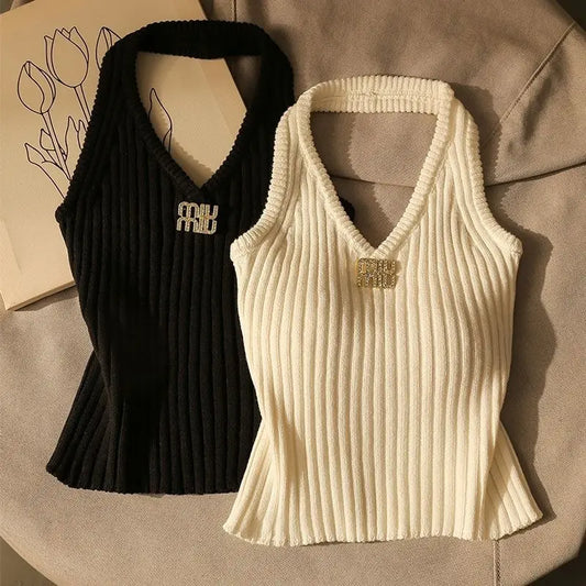 Summer Trend Sexy Letter Solid Color Halter Camisole Women Clothes Simplicity Fashionable Bodycon Knitting Backless T-Shirts