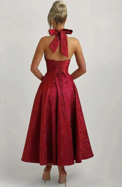 Giyu Club Evening Party Dresses Women 2025 Summer Sexy Bow Halter Long Dress Elegant Jacquard Lace Up Backless Birthday Robe
