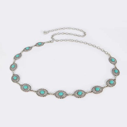 Fashion Silver Bohemian female circular waist chain luxury blue gemstone Ellipse chain belts for women suitable for Skirts dress