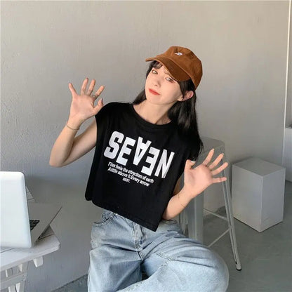 Women Clothing Summer Fashion Casual Letter Solid Color O-neck Female Simplicity Trend Appear Thin Sleeveless Tank Top Cardigan