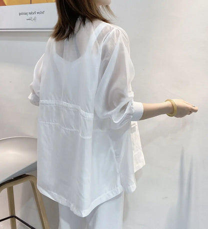 Plus Size Waist Tie V-neck Black Blazer Women Summer Cardigan Sunscreen White Jacket Korean Fashion Casual Pocket Outerwear New