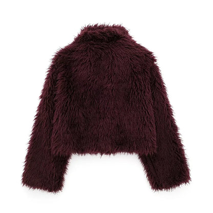 Koekop Women's Fashion Burgundy Asymmetric Thick Collar Fur Coat Vintage Casual Chic Temperament Lady Short Jacket